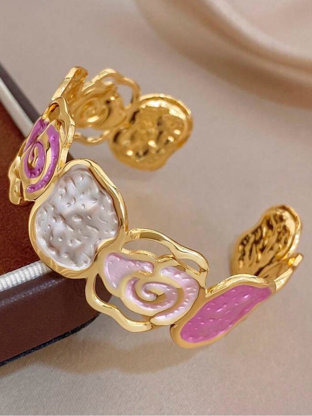 Gold-Tone Pink and White Floral Enamel Cuff Bracelet